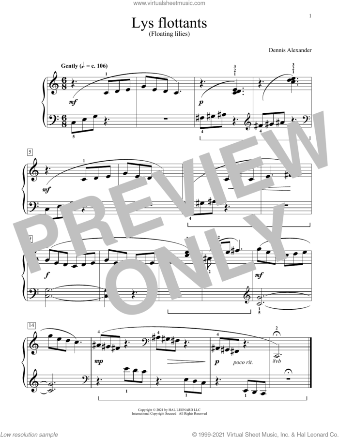 Lys Flottants (Floating Lilies) sheet music for piano solo (elementary) by Dennis Alexander, beginner piano (elementary)