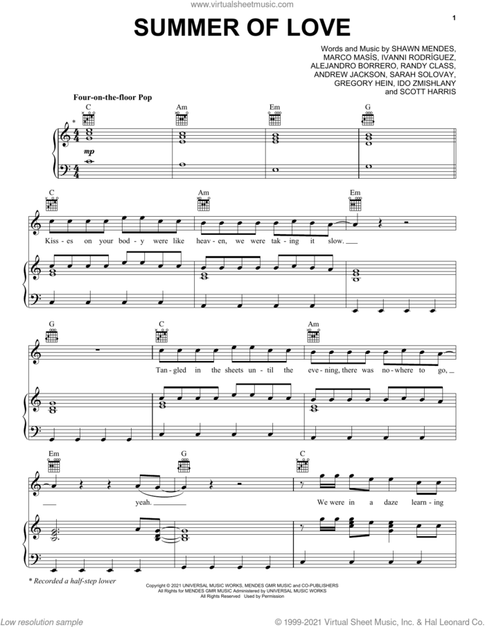 Summer Of Love (feat. Tainy) sheet music for voice, piano or guitar by Shawn Mendes & Tainy, Alejandro Borrero, Andrew Jackson, Gregory Hein, Ido Zmishlany, Ivanni Rodriguez, Marco Masis, Randy Class, Sarah Solovay, Scott Harris and Shawn Mendes, intermediate skill level