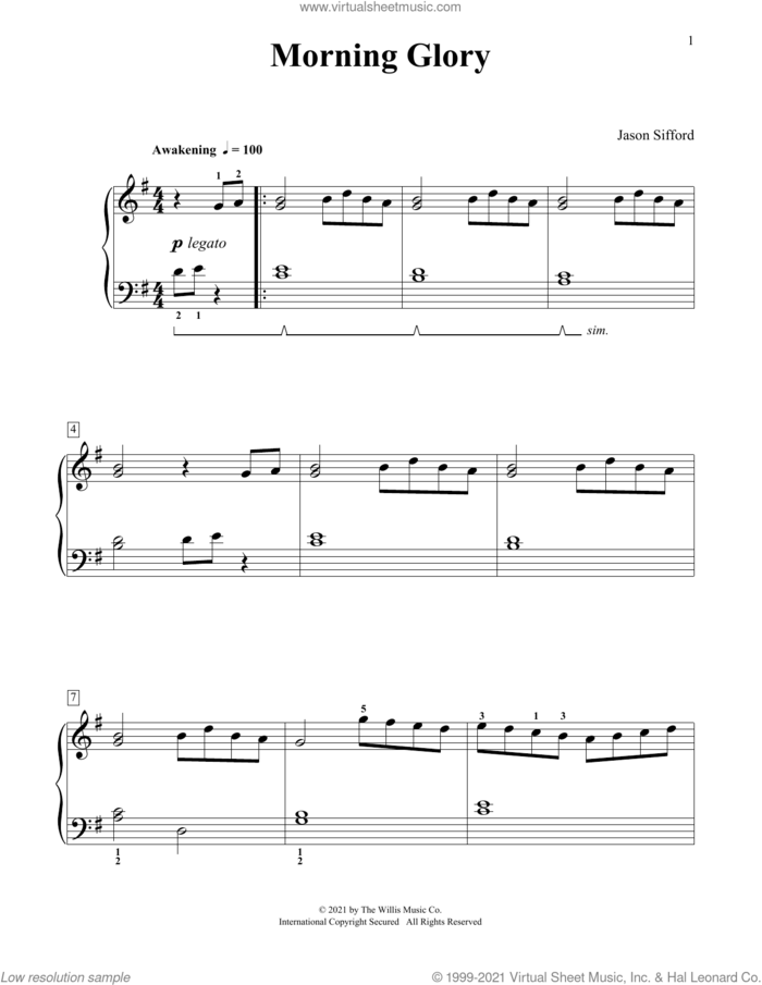 Morning Glory sheet music for piano solo (elementary) by Jason Sifford, beginner piano (elementary)