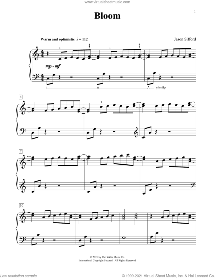 Bloom sheet music for piano four hands by Jason Sifford, intermediate skill level