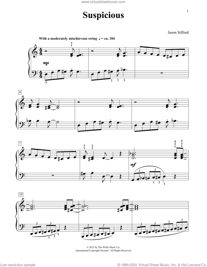 Suspicious sheet music for piano four hands by Jason Sifford, intermediate skill level