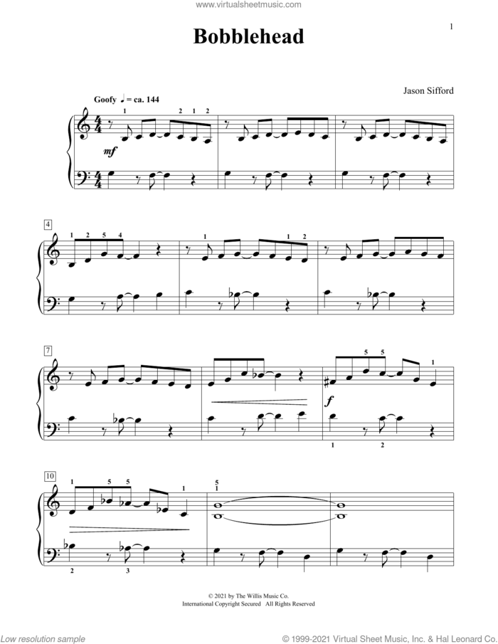 Bobblehead sheet music for piano four hands by Jason Sifford, intermediate skill level