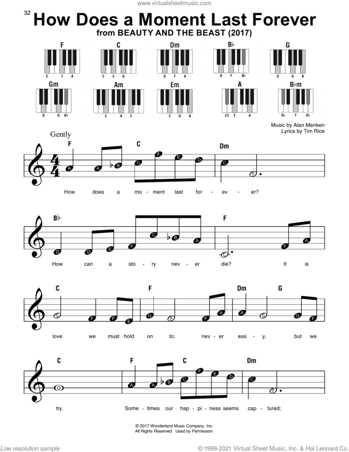 How Does A Moment Last Forever (from Beauty and the Beast) sheet music for piano solo by Celine Dion, Alan Menken and Tim Rice, beginner skill level