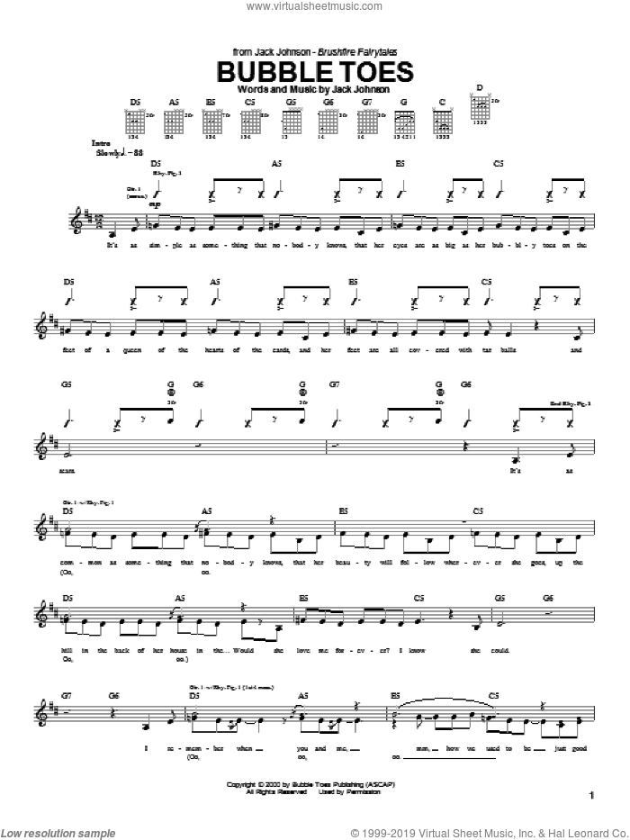 Bubble Toes sheet music for guitar (tablature) by Jack Johnson, intermediate skill level