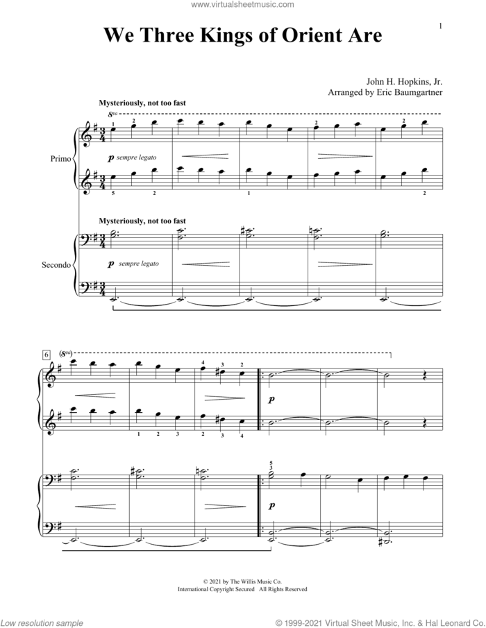 We Three Kings Of Orient Are (arr. Eric Baumgartner) sheet music for piano four hands by John H. Hopkins, Jr. and Eric Baumgartner, intermediate skill level