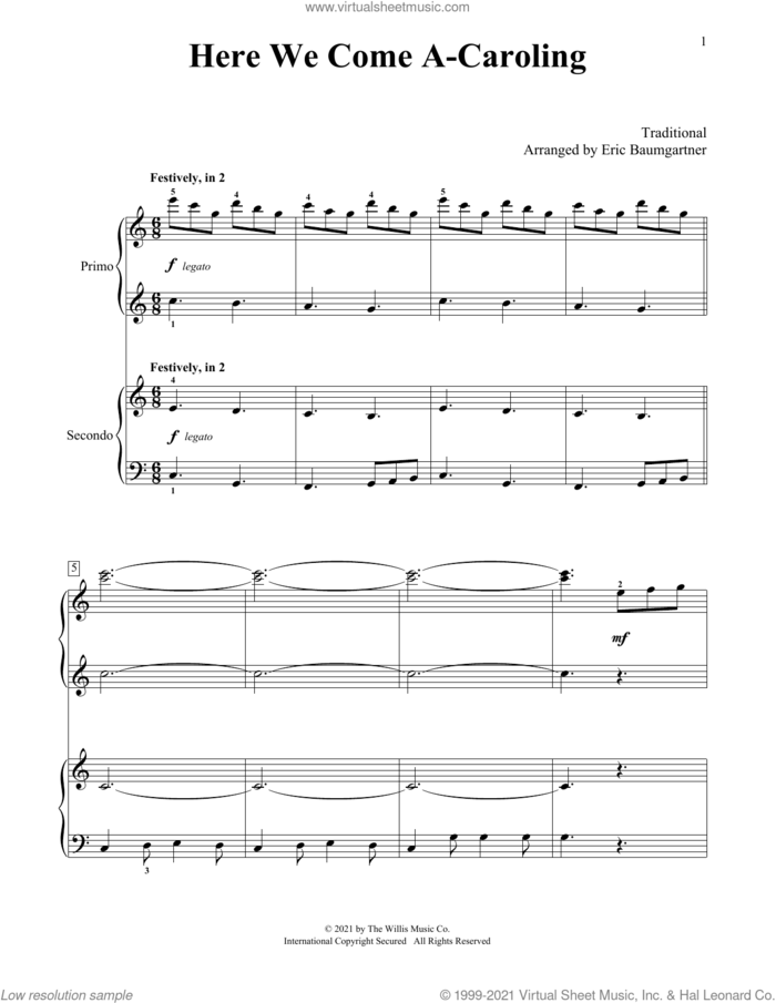 Here We Come A-Caroling (arr. Eric Baumgartner) sheet music for piano four hands  and Eric Baumgartner, intermediate skill level