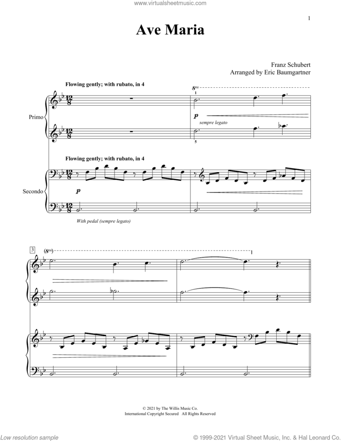 Ave Maria (arr. Eric Baumgartner) sheet music for piano four hands by Franz Schubert and Eric Baumgartner, intermediate skill level