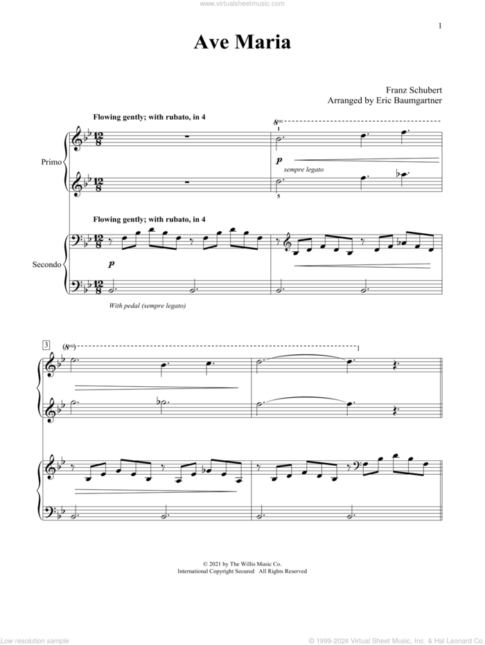 Ave Maria (arr. Eric Baumgartner) sheet music for piano four hands by Franz Schubert and Eric Baumgartner, intermediate skill level