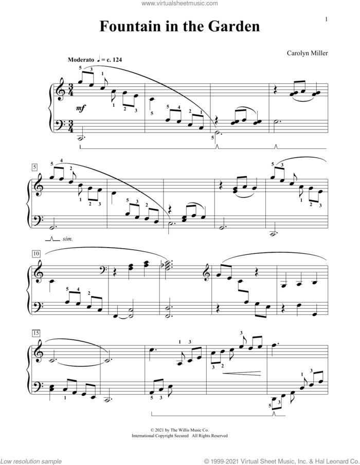 Fountain In The Garden sheet music for piano solo (elementary) by Carolyn Miller, beginner piano (elementary)