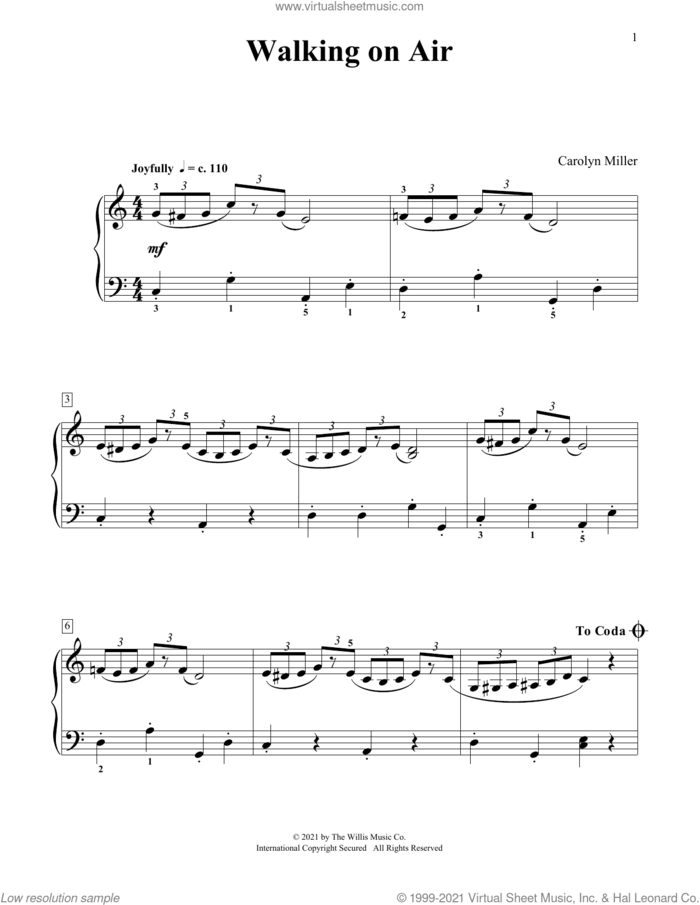 Walking On Air sheet music for piano solo (elementary) by Carolyn Miller, beginner piano (elementary)