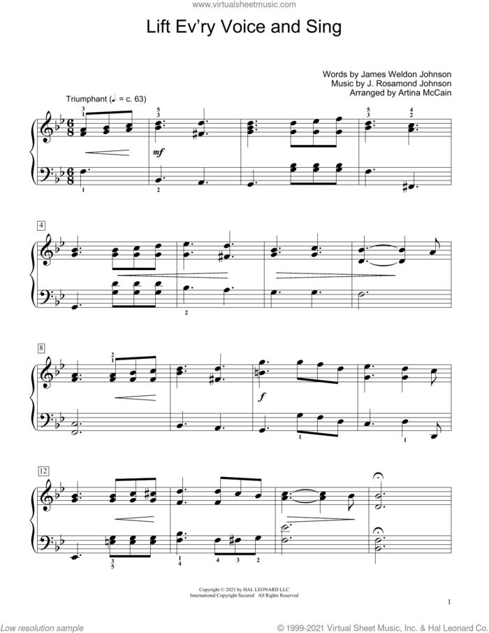 Lift Ev'ry Voice And Sing (arr. Artina McCain) sheet music for piano solo (elementary) by James Weldon Johnson, Artina McCain and J. Rosamond Johnson, beginner piano (elementary)