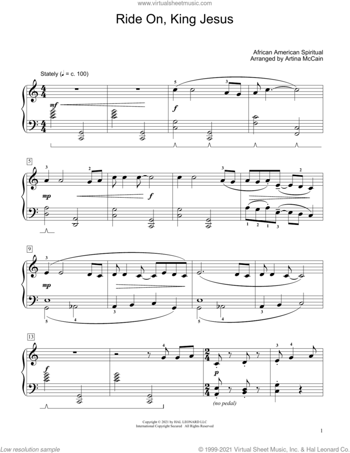 Ride On, King Jesus (arr. Artina McCain) sheet music for piano solo (elementary)  and Artina McCain, beginner piano (elementary)