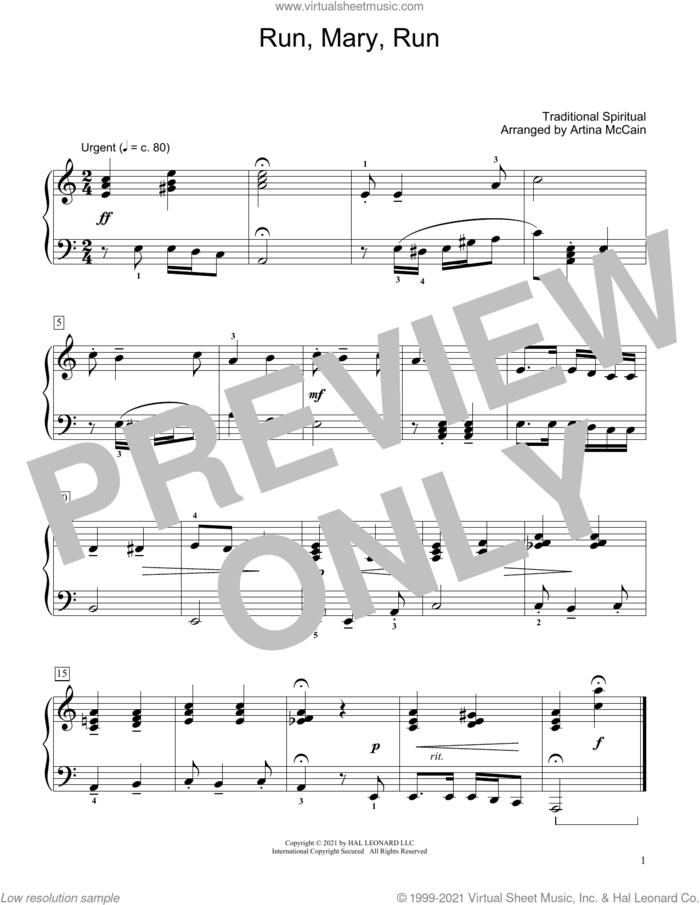 Run, Mary, Run (arr. Artina McCain) sheet music for piano solo (elementary)  and Artina McCain, beginner piano (elementary)