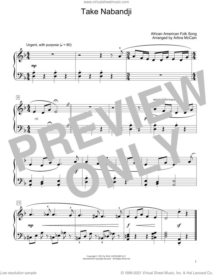 Take Nabandji (arr. Artina McCain) sheet music for piano solo (elementary) by African American Folk Song and Artina McCain, beginner piano (elementary)