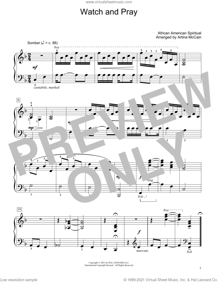 Watch And Pray (arr. Artina McCain) sheet music for piano solo (elementary)  and Artina McCain, beginner piano (elementary)
