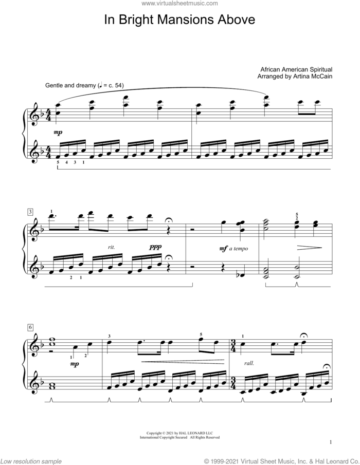 In Bright Mansions Above (arr. Artina McCain) sheet music for piano solo (elementary)  and Artina McCain, beginner piano (elementary)