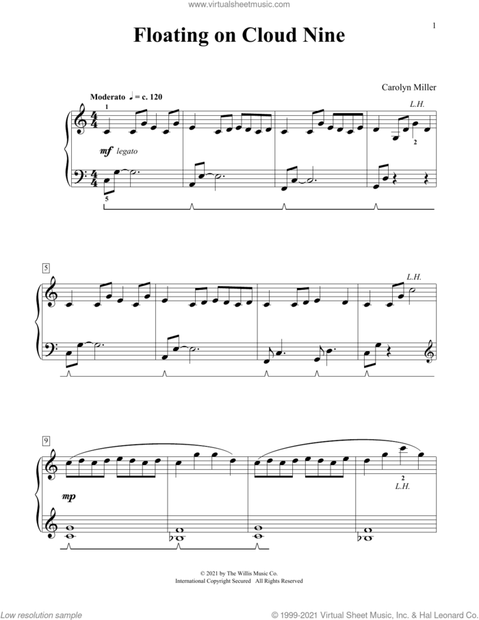 Floating On Cloud Nine sheet music for piano solo (elementary) by Carolyn Miller, beginner piano (elementary)