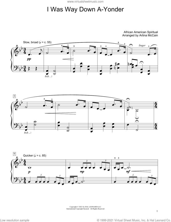 I Was Way Down A-Yonder (arr. Artina McCain) sheet music for piano solo (elementary)  and Artina McCain, beginner piano (elementary)