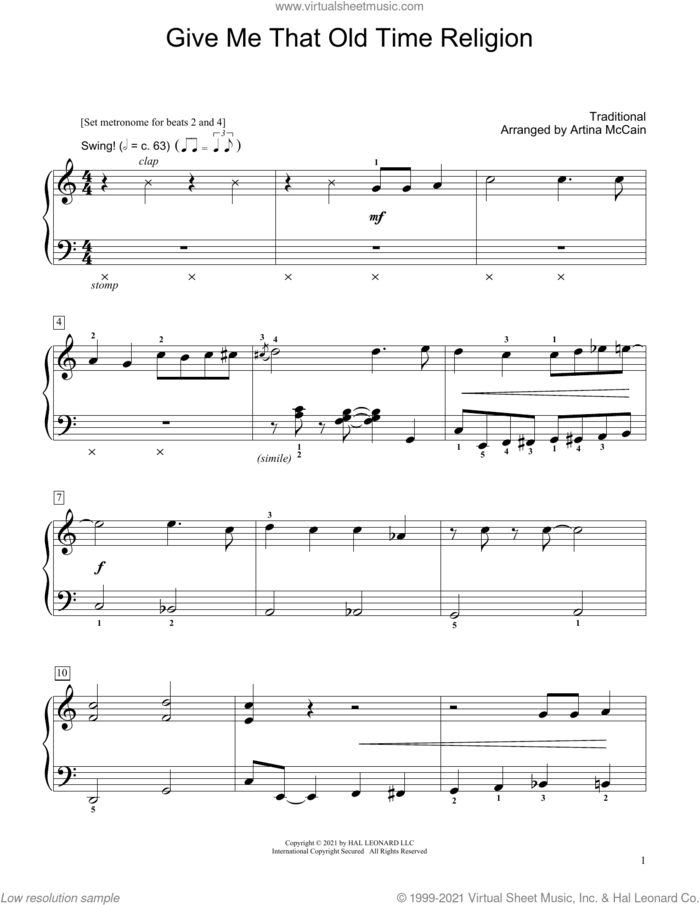 Give Me That Old Time Religion (arr. Artina McCain) sheet music for piano solo (elementary)  and Artina McCain, beginner piano (elementary)