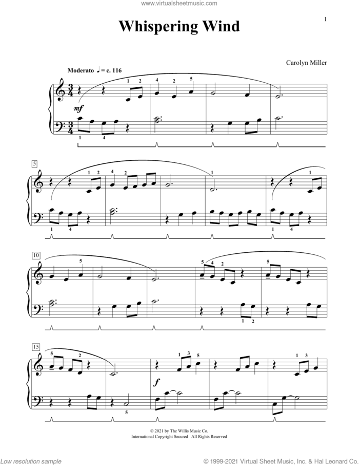 Whispering Wind sheet music for piano solo (elementary) by Carolyn Miller, beginner piano (elementary)