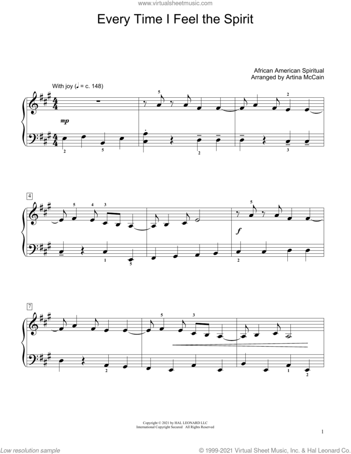 Every Time I Feel The Spirit (arr. Artina McCain) sheet music for piano solo (elementary)  and Artina McCain, beginner piano (elementary)