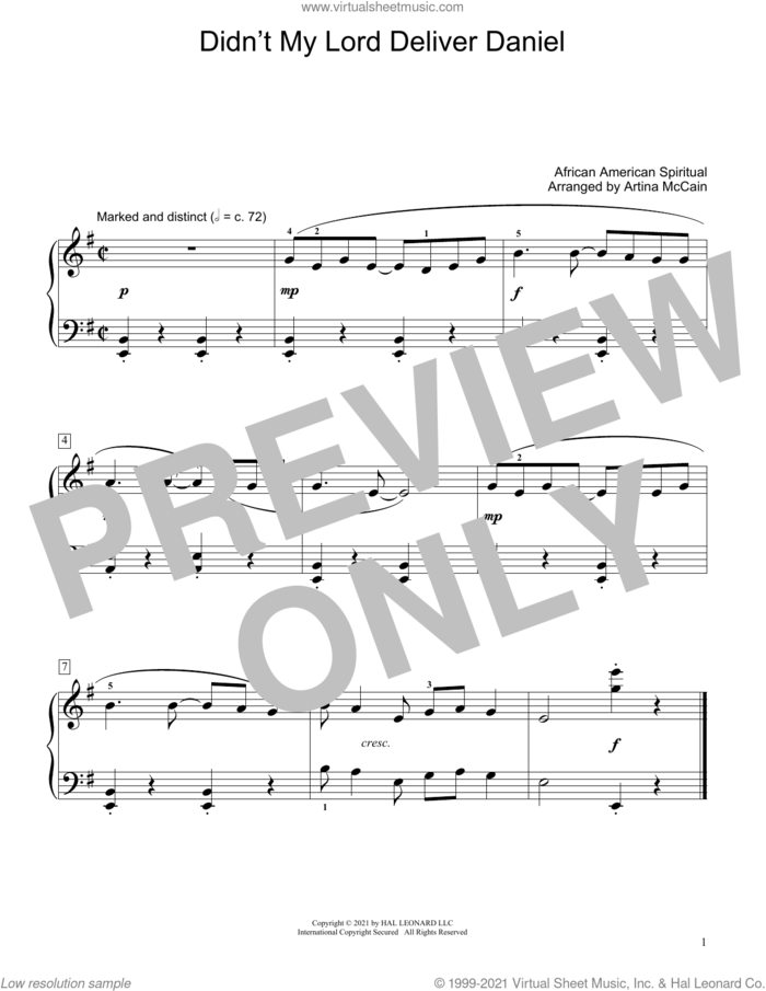 Didn't My Lord Deliver Daniel? (arr. Artina McCain) sheet music for piano solo (elementary)  and Artina McCain, beginner piano (elementary)