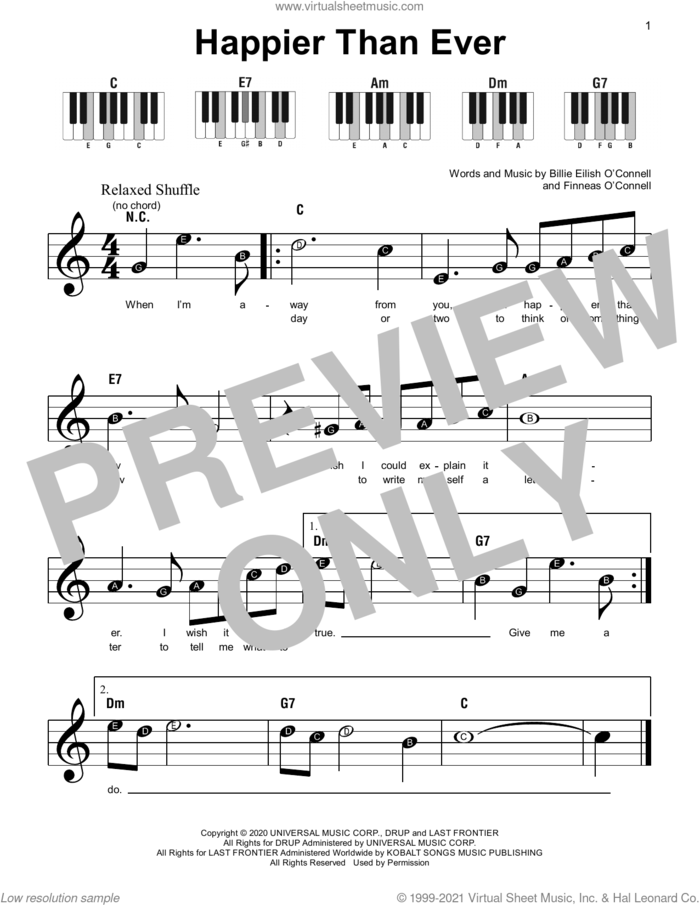 Happier Than Ever sheet music for piano solo by Billie Eilish, beginner skill level