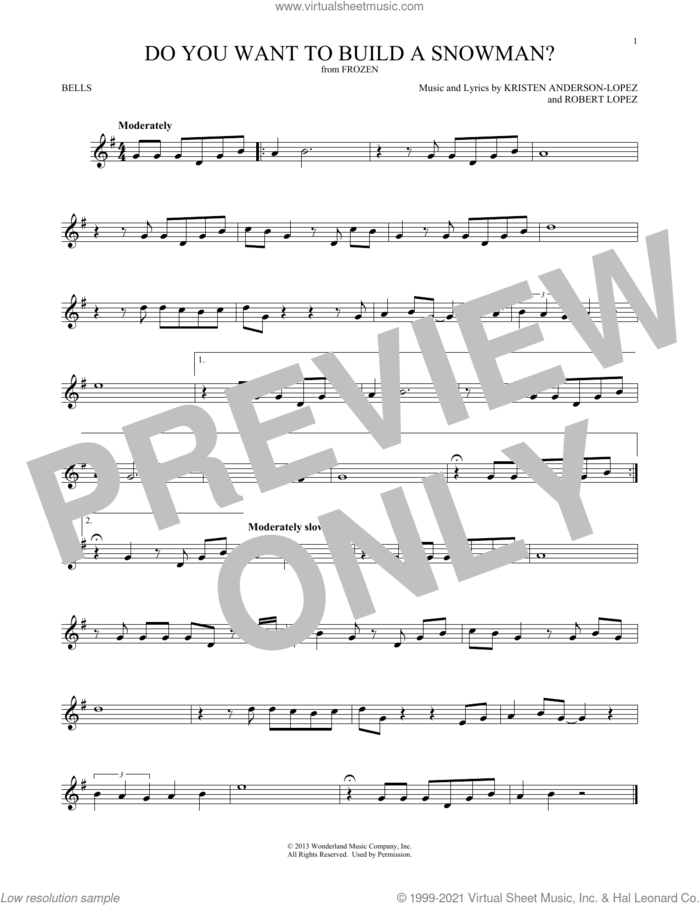 Do You Want To Build A Snowman? (from Frozen) sheet music for Hand Bells Solo (bell solo) by Kristen Bell, Agatha Lee Monn & Katie Lopez, Kristen Anderson-Lopez and Robert Lopez, intermediate Hand Bells Solo (bell)