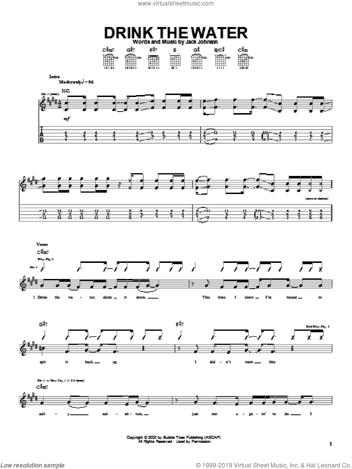Drink The Water sheet music for guitar (tablature) by Jack Johnson, intermediate skill level