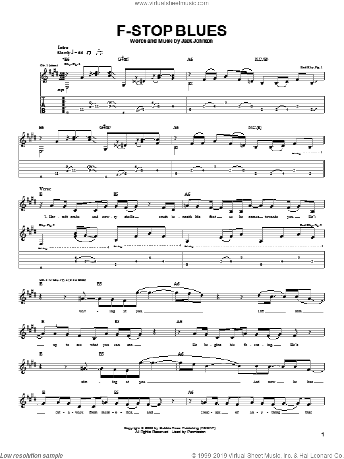F-Stop Blues sheet music for guitar (tablature) by Jack Johnson, intermediate skill level