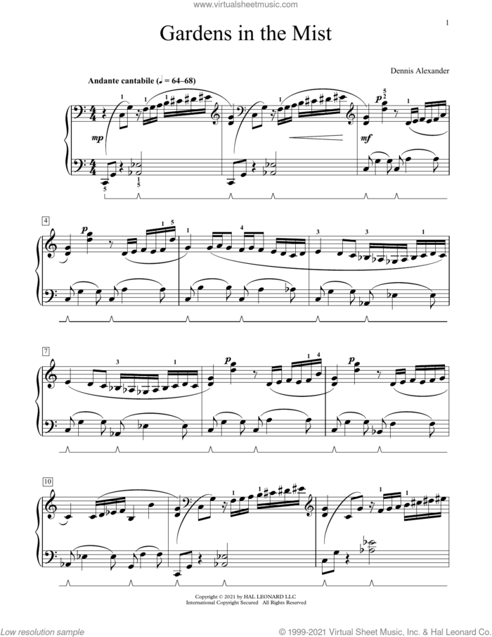 Gardens In The Mist sheet music for piano solo (elementary) by Dennis Alexander, classical score, beginner piano (elementary)