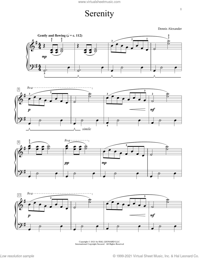 Serenity sheet music for piano solo (elementary) by Dennis Alexander, classical score, beginner piano (elementary)