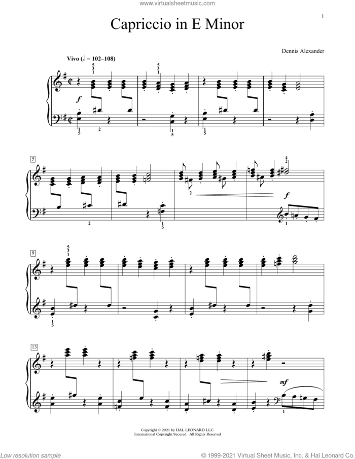 Capriccio In E Minor sheet music for piano solo (elementary) by Dennis Alexander, classical score, beginner piano (elementary)