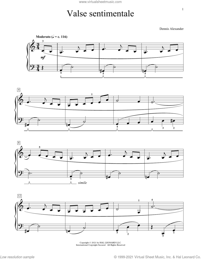 Valse Sentimentale sheet music for piano solo (elementary) by Dennis Alexander, classical score, beginner piano (elementary)