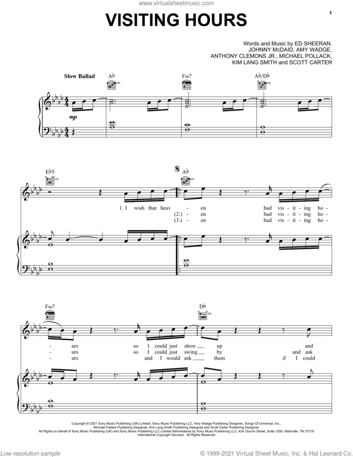 Visiting Hours sheet music for voice, piano or guitar by Ed Sheeran, Amy Wadge, Anthony Clemons Jr., Johnny McDaid, Kim Lang Smith, Michael Pollack and Scott Carter, intermediate skill level