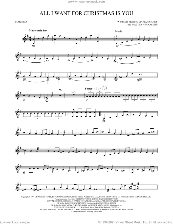 All I Want For Christmas Is You sheet music for Marimba Solo by Mariah Carey, Will Rapp and Walter Afanasieff, intermediate skill level