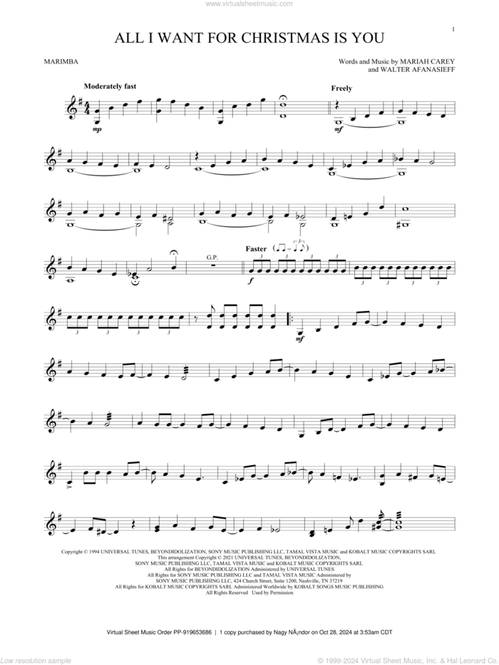 All I Want For Christmas Is You sheet music for Marimba Solo by Mariah Carey, Will Rapp and Walter Afanasieff, intermediate skill level