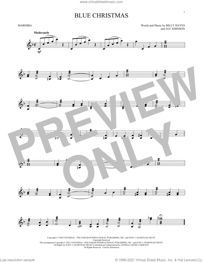 Blue Christmas sheet music for Marimba Solo by Elvis Presley, Will Rapp, Billy Hayes and Jay Johnson, intermediate skill level