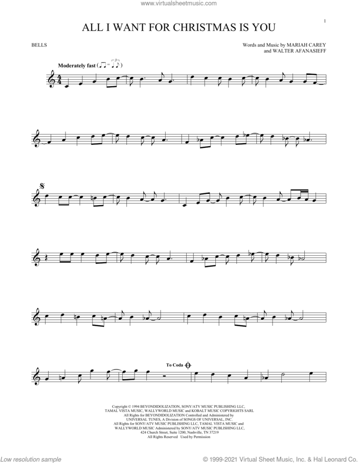 All I Want For Christmas Is You sheet music for Hand Bells Solo (bell solo) by Mariah Carey and Walter Afanasieff, intermediate Hand Bells Solo (bell)