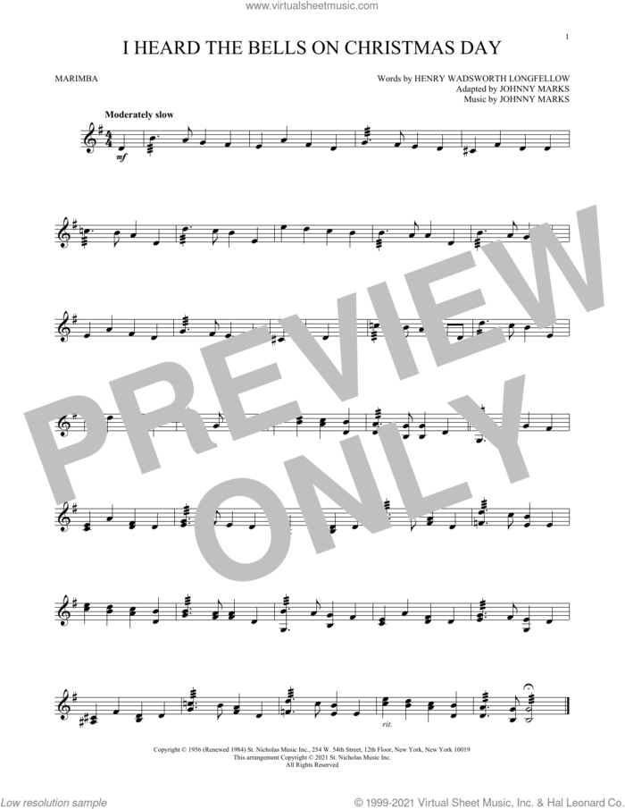 I Heard The Bells On Christmas Day sheet music for Marimba Solo by Johnny Marks, Will Rapp and Henry Wadsworth Longfellow, intermediate skill level