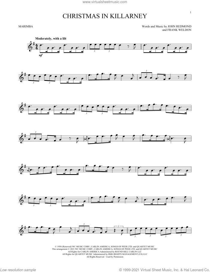 Christmas In Killarney sheet music for Marimba Solo by John Redmond, Will Rapp and Frank Weldon, intermediate skill level
