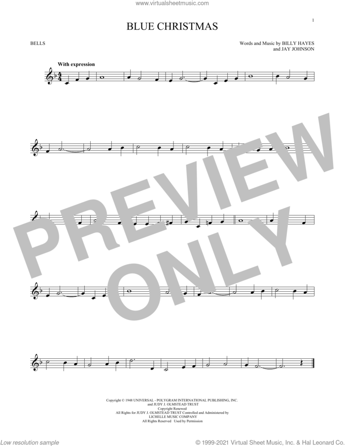 Blue Christmas sheet music for Hand Bells Solo (bell solo) by Elvis Presley, Billy Hayes and Jay Johnson, intermediate Hand Bells Solo (bell)