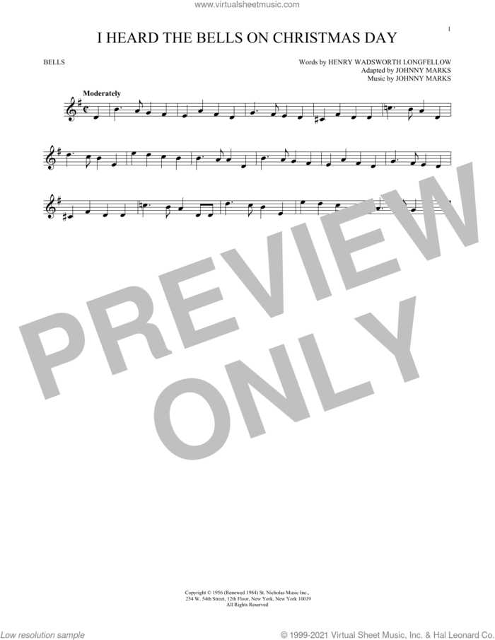 I Heard The Bells On Christmas Day sheet music for Hand Bells Solo (bell solo) by Johnny Marks and Henry Wadsworth Longfellow, intermediate Hand Bells Solo (bell)