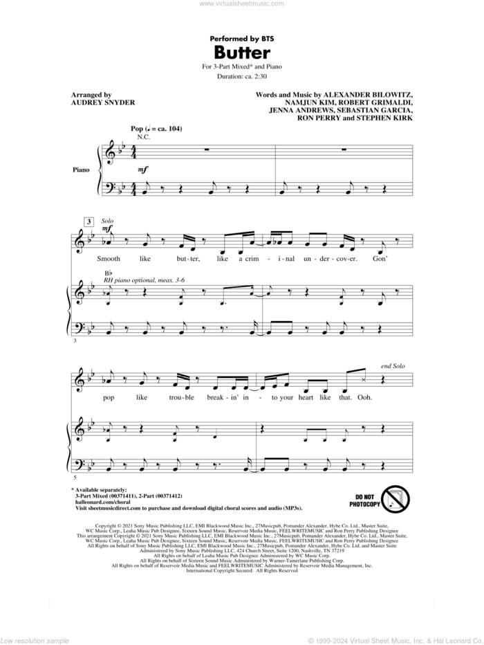 Butter (arr. Audrey Snyder) sheet music for choir (3-Part Mixed) by BTS, Audrey Snyder, Alexander Joshua Bilowitz, Jenna Andrews, Namjun Kim, Robert Grimaldi, Ron Perry, Sebastian Garcia and Stephen Kirk, intermediate skill level