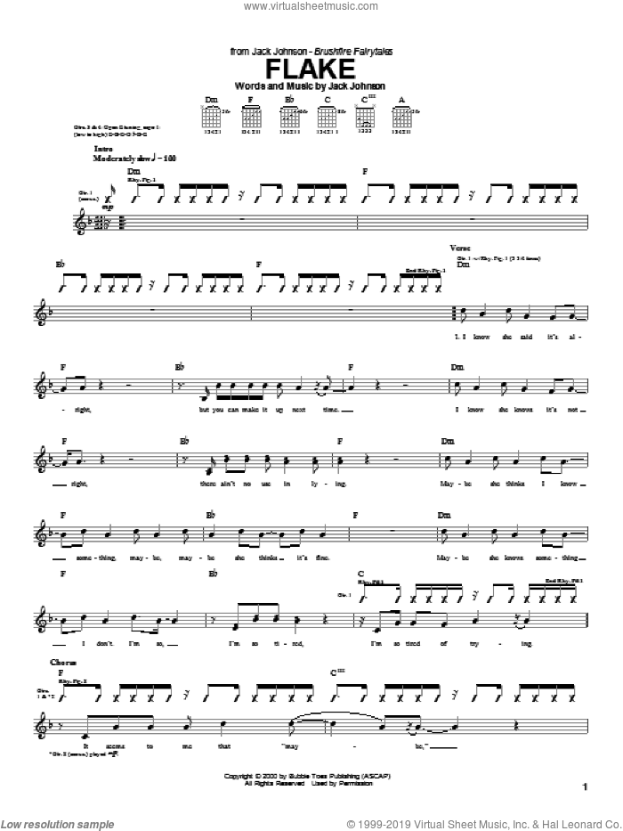 Flake sheet music for guitar (tablature) by Jack Johnson, intermediate skill level