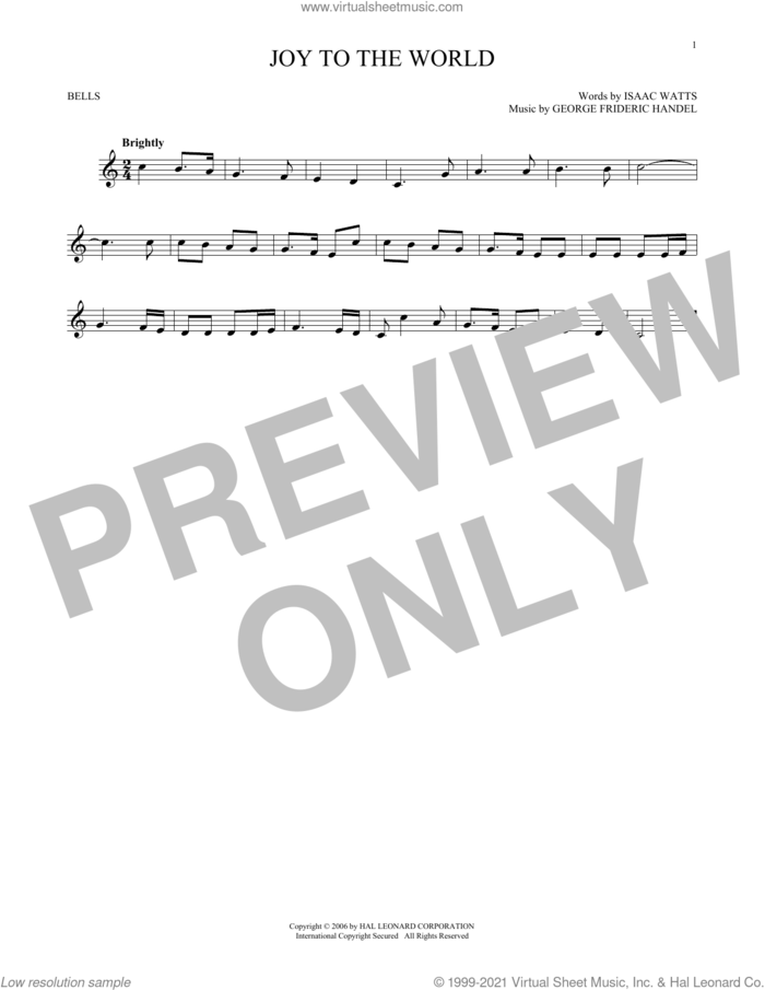 Joy To The World sheet music for Hand Bells Solo (bell solo) by George Frideric Handel, Isaac Watts and Lowell Mason, intermediate Hand Bells Solo (bell)