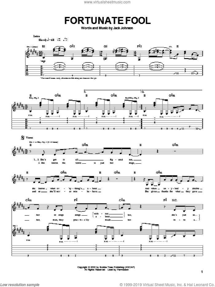 Fortunate Fool sheet music for guitar (tablature) by Jack Johnson, intermediate skill level