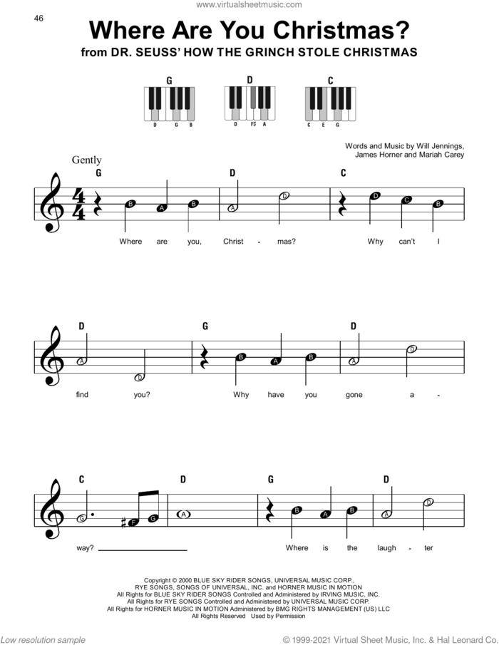 Where Are You Christmas? (from How The Grinch Stole Christmas), (beginner) (from How The Grinch Stole Christmas) sheet music for piano solo by Faith Hill, James Horner, Mariah Carey and Will Jennings, beginner skill level