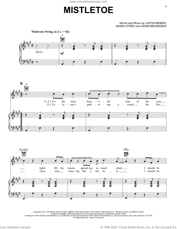 Mistletoe sheet music for voice, piano or guitar by Justin Bieber, Adam Messinger and Nasri Atweh, intermediate skill level