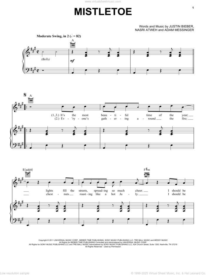 Mistletoe sheet music for voice, piano or guitar by Justin Bieber, Adam Messinger and Nasri Atweh, intermediate skill level